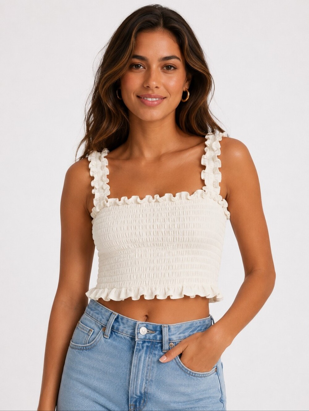 Reformation White Ruffle Shoulder Smocked Crop Top Size S